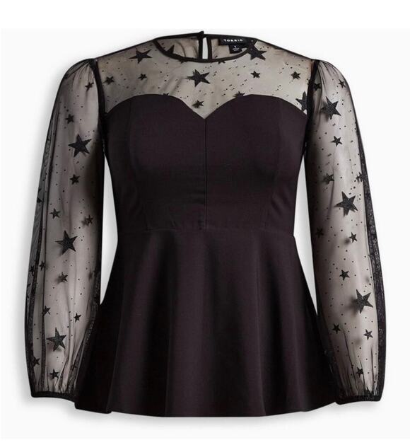 Torrid Tops - Torrid Black Peplum Blouse Top 2X Mesh Sleeves & Neck Sparkly Stars Whimsygoth